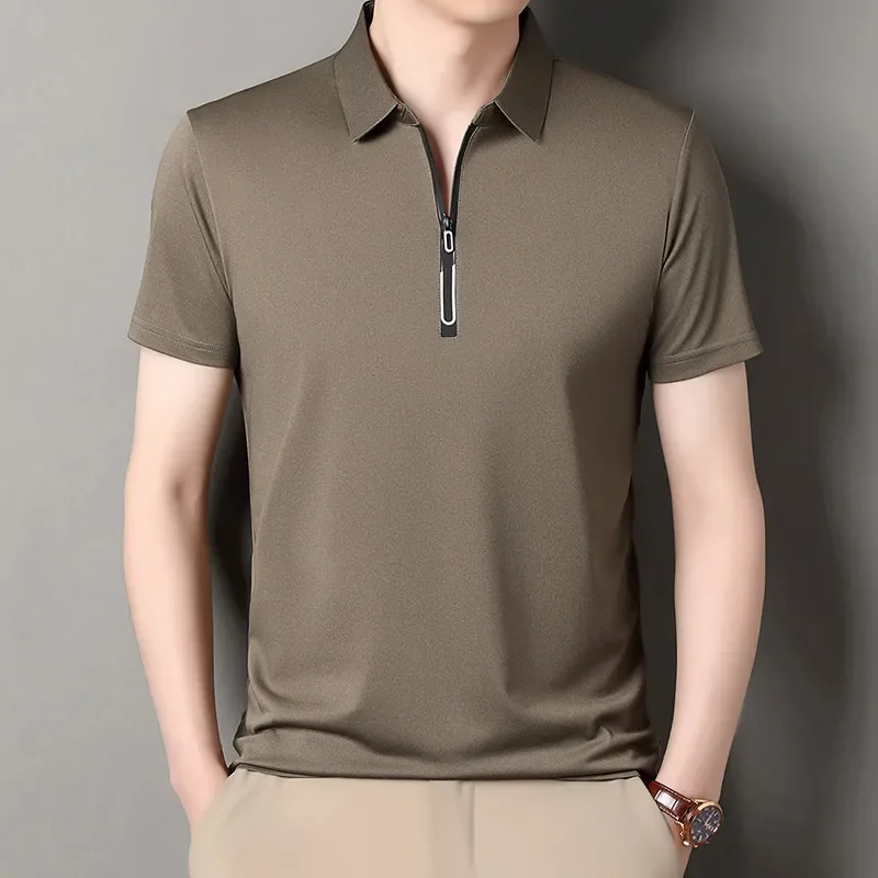 New Men's Business Casual Zipper Short Sleeve Solid Color Polo Shirt Fashionable Warm Comfortable Four Seasons Versatile Top