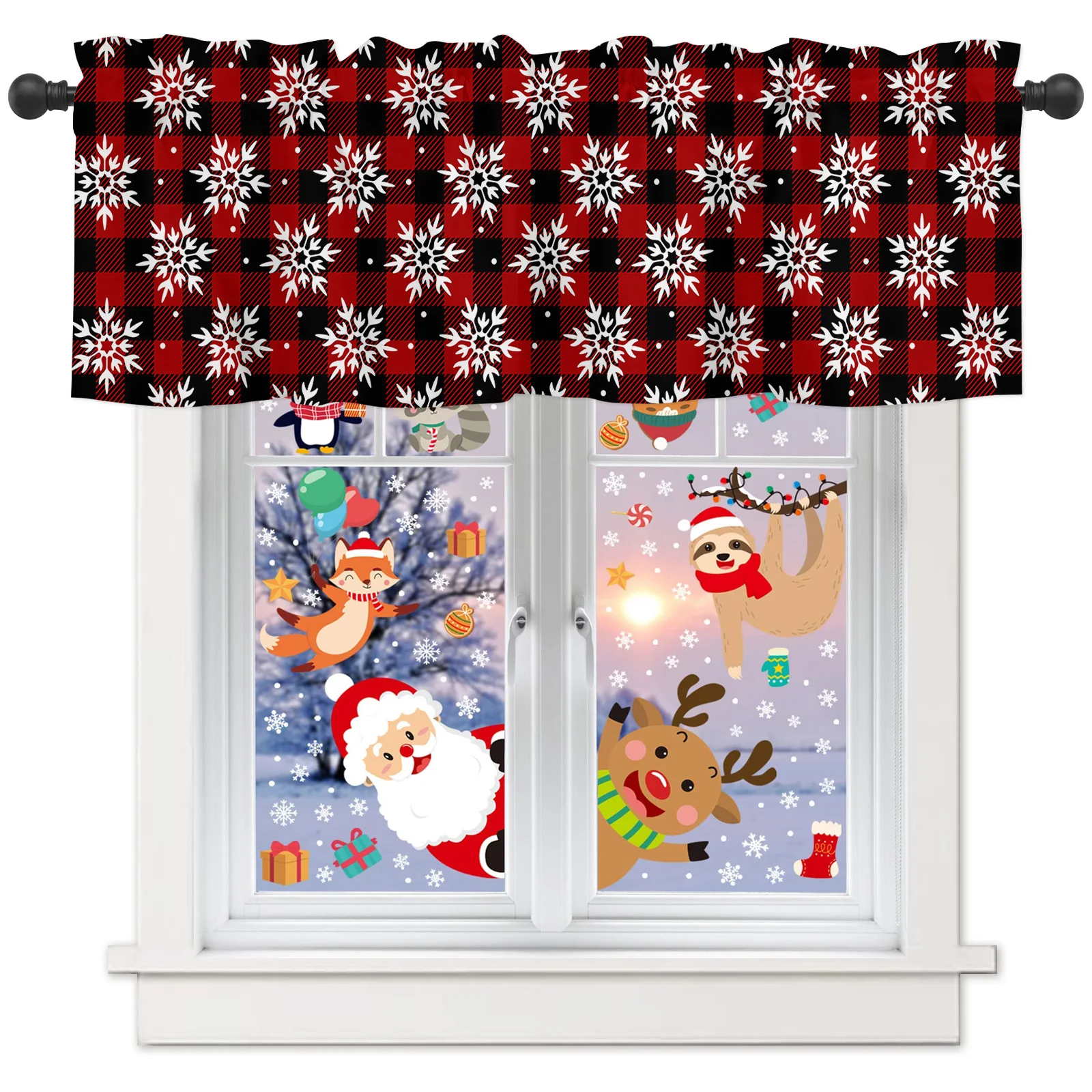 

ZEDLIYU Valances for Windows Kitchen Living Room Small Window Valance Christmas Snowflake Red Black Buffalo Check Plaid 1 Panel