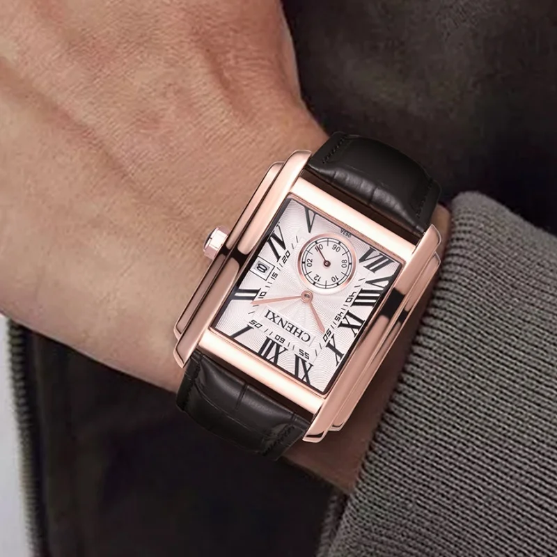 CHENXI 8216 ساعات كوارتز رجالية عادية أنيقة مربع الهاتفي مقاوم للماء حزام من الجلد تقويم بسيط رجال الأعمال ساعة اليد