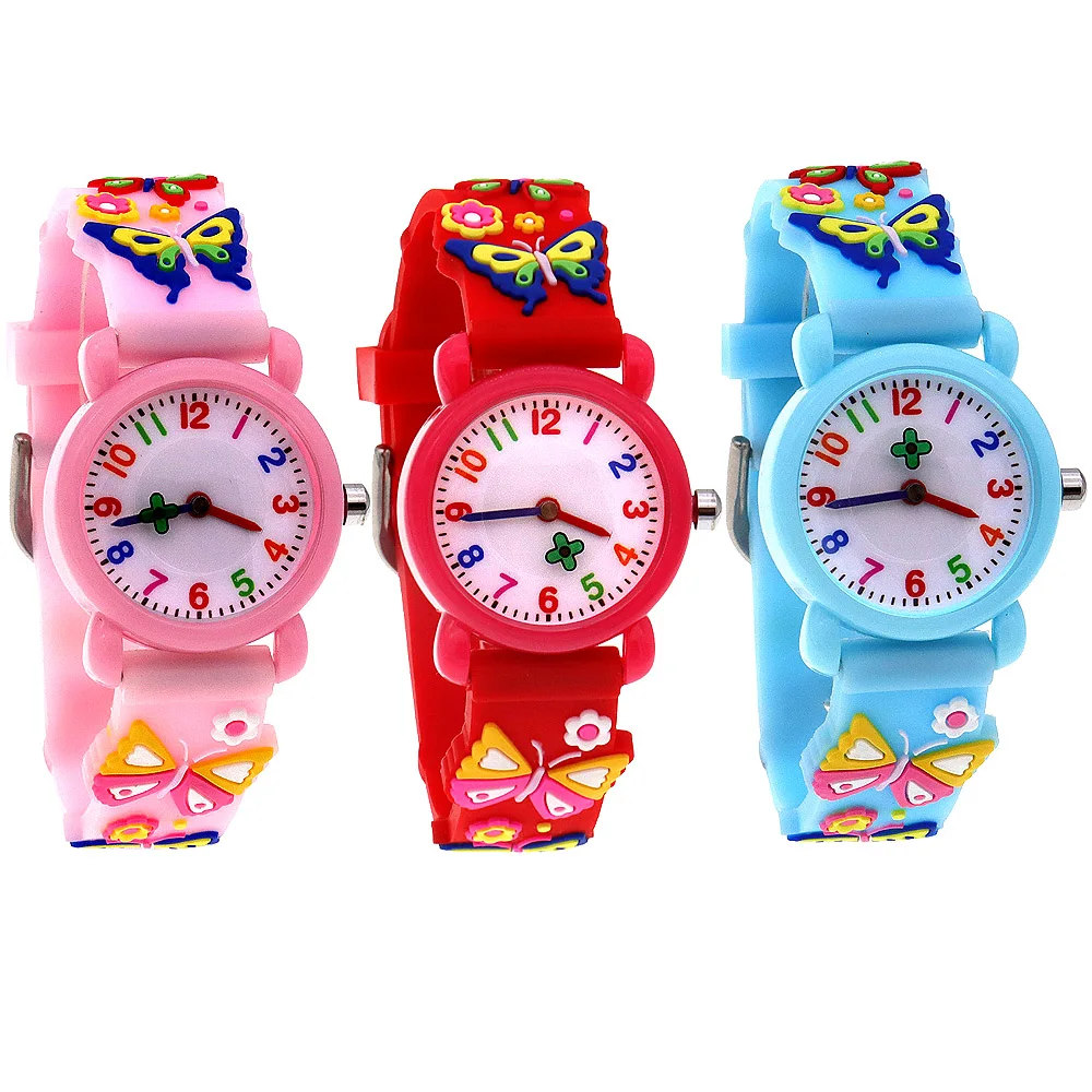 3Pcs Children's Wristwatch Butterfly Flower Design Second Hand Watch for Girls And Boys Kids Watch