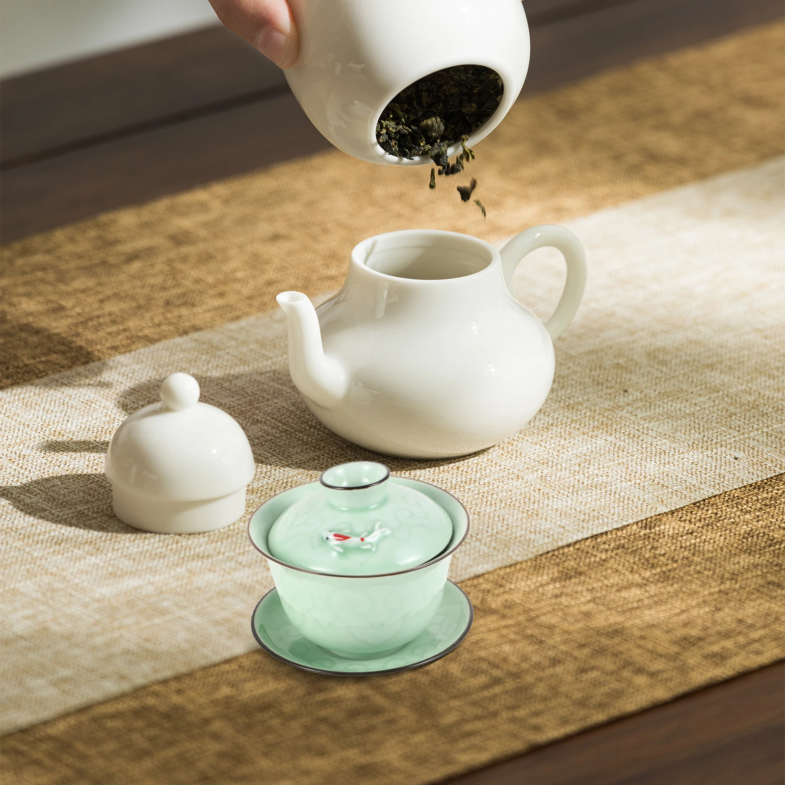 

1Set Covered Bowl Tea Set with Fish Pattern Ceramic Mug for Loose Leaf Oolong Puerh Tea Ceremony Portable Coffee Milk Cup