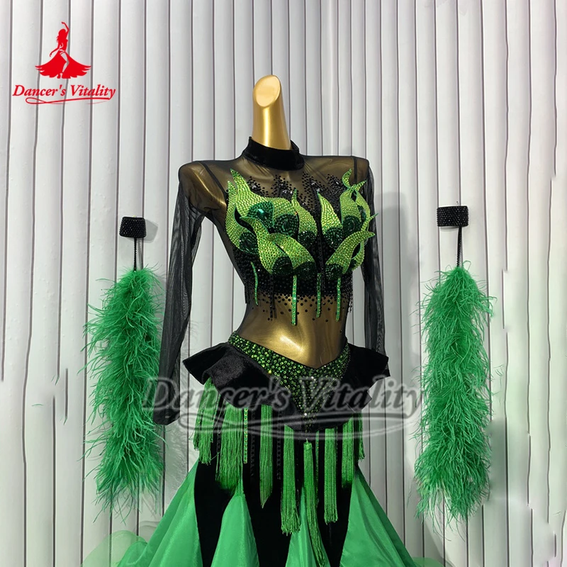 Standard Ballsaal Mode Design Luxuriöse Grüne AB Stein Perle Seide Kleider Frauen Walzer Führen Kleiden Benutzerdefinierte Tänzerin Vitalität