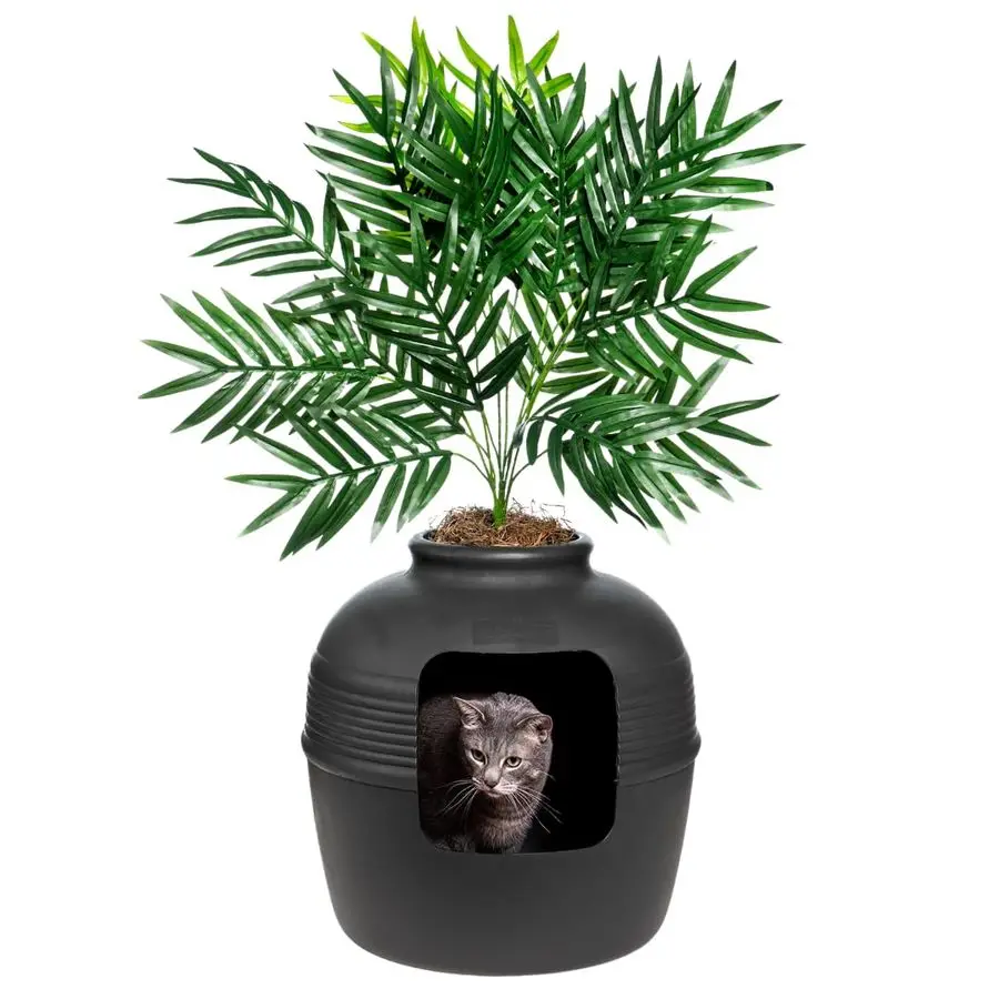 

Hidden Cat Litter Box Enclosure with Artificial Plant, Decorative Round Planter, Vented Carbon Charcoal Filter for Odor Control,