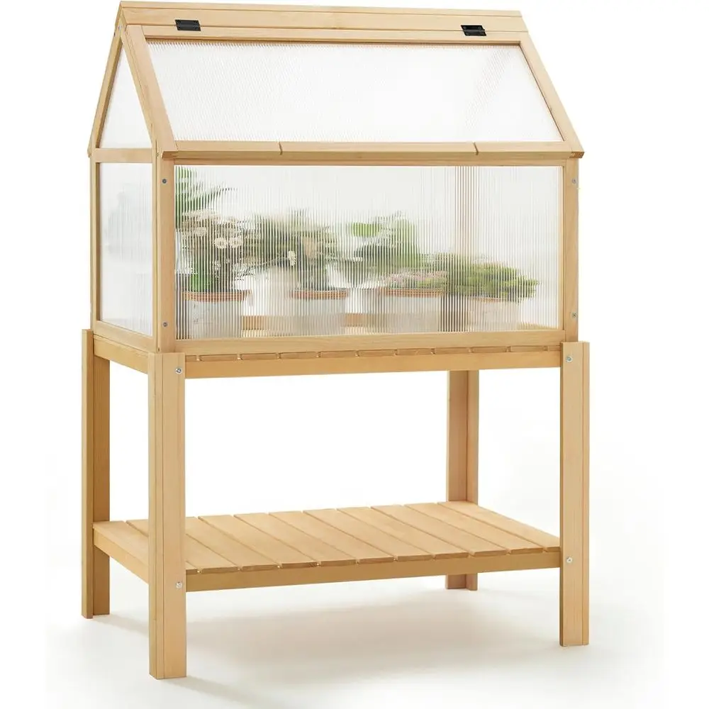 

Портативная деревянная теплица для растений с полкой для использования в помещении или на улице (натуральное дерево)