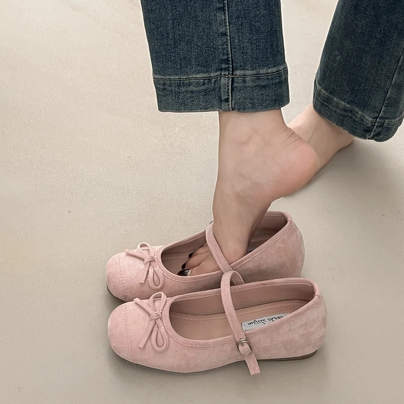 Summer New Ballet Flats with Suede Uppers and Bow Details Classic and Casual Breathable Style One-strap Design for Ladies' Shoes
