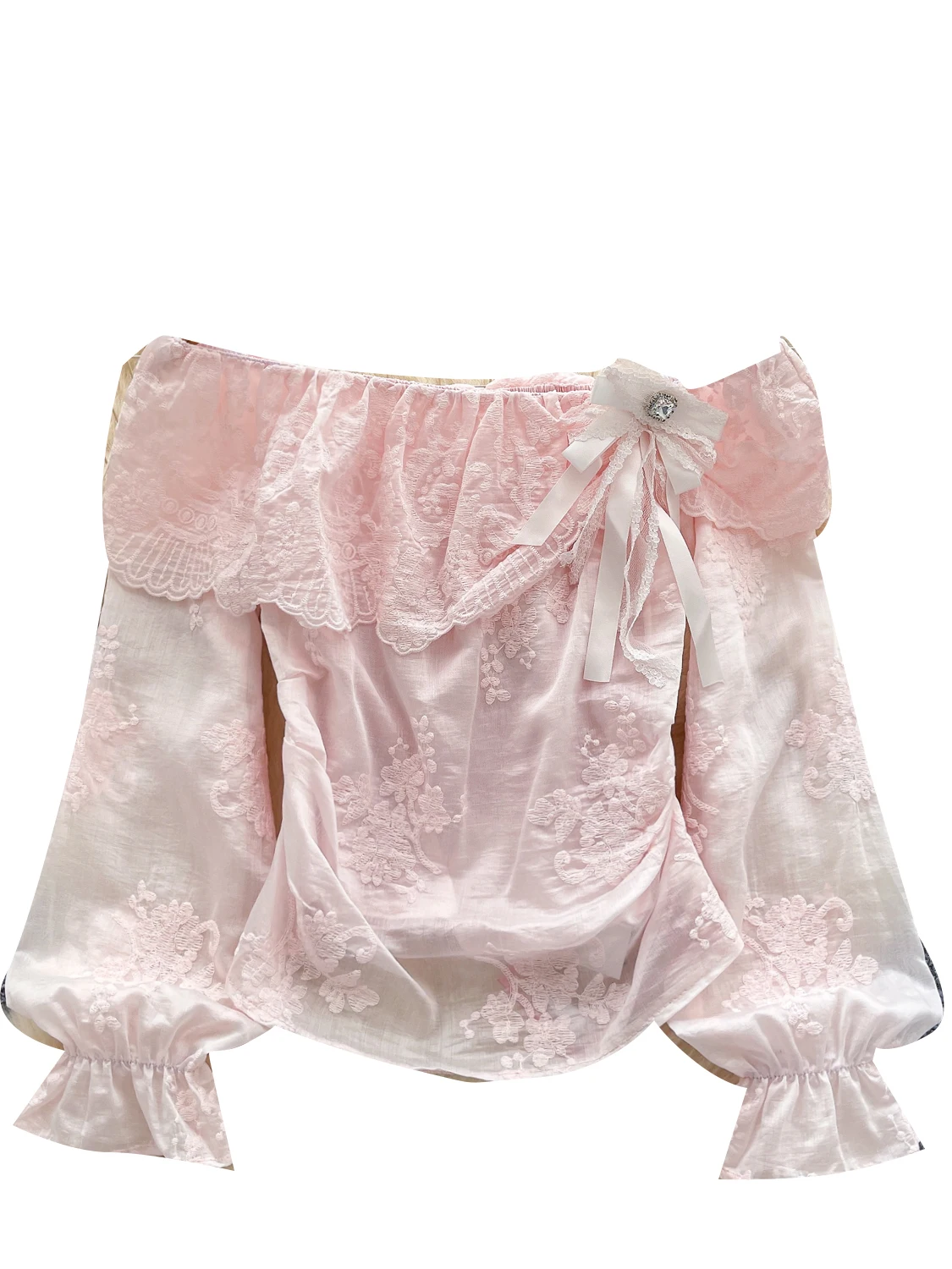 Sweet Heavy Embroidery oulder Bared irt Women's Faion Spring Autumn Season Floral Lace Splicing Versatile Top Trendy