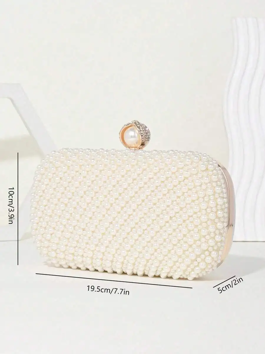 Luxury Pearl-Embellished Rectangular Clutch For Formal Events, Weddings, And Evening Parties  Gold-Tone Closure With Crystal