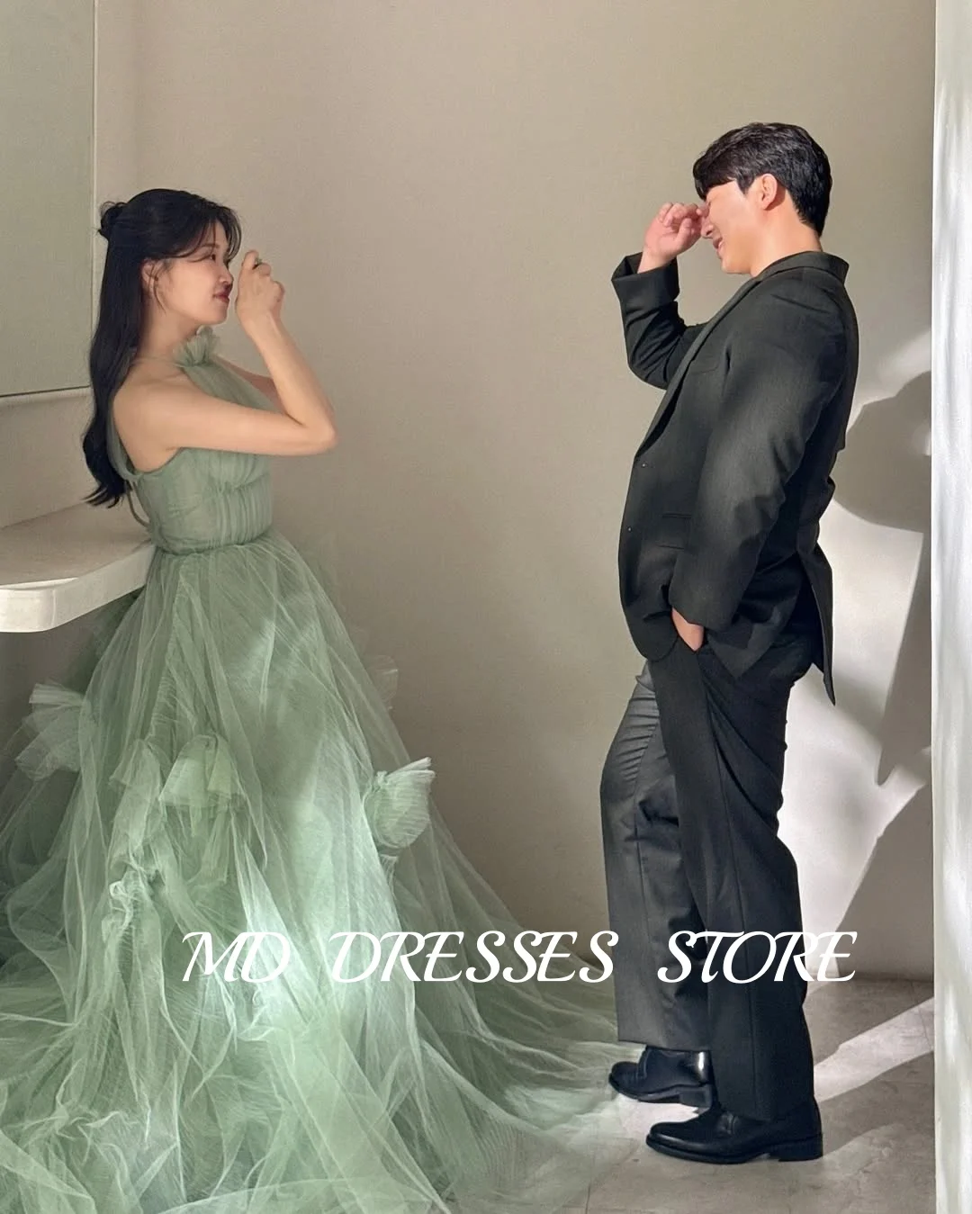 MD Princess Green Wedding Dress A-line Halter Tulle Sleeveless Corset Korea PhotoShoot Evening Floor-Length Prom Gown Customised