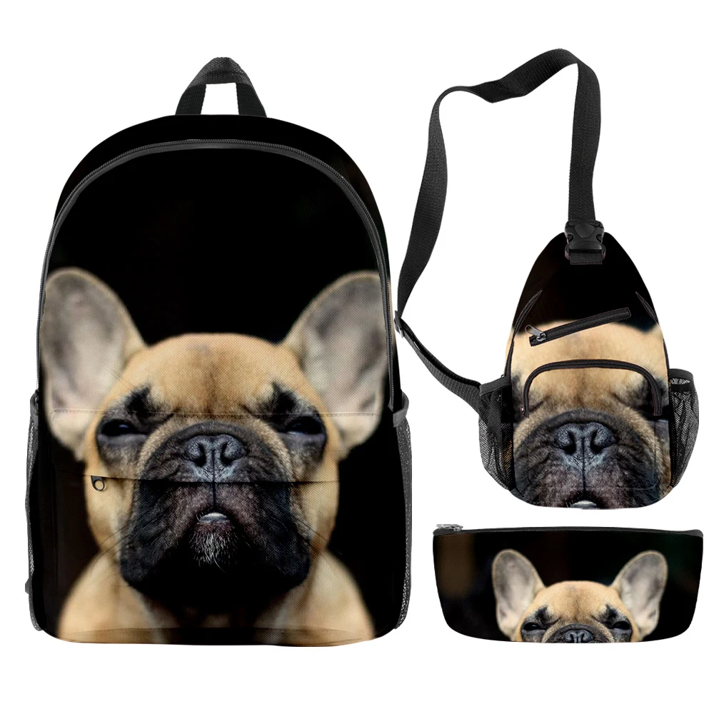 Harajuku ความแปลกใหม่ Cool French Bulldog 3 ชิ้น/เซ็ตกระเป๋าเป้สะพายหลัง 3D พิมพ์กระเป๋าถือแล็ปท็อป Daypack กระเป๋าเป้สะพายหลังกระเป๋าดินสอกรณี