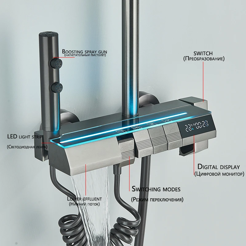 4 Piano Button Function Smart Digital Display LED Cold Hot Shower Faucet with 3 Modes Handshower 2 Modes Booster Spray Gun