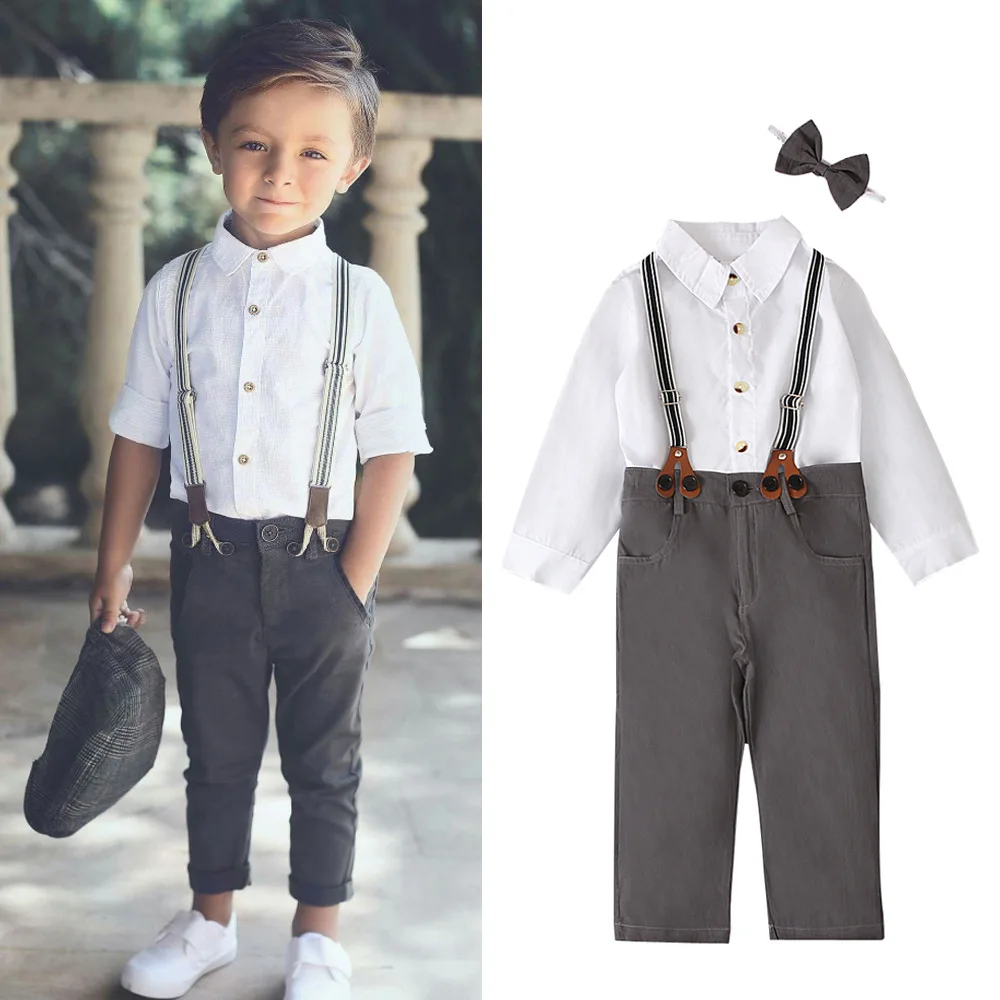 

Gentleman Children Boy Clothes Suit Shirt+Pant+Straps+Bow Tie 4Pcs Set Kid Wedding Party Costume Elegant Birthday Baby Boy A1124