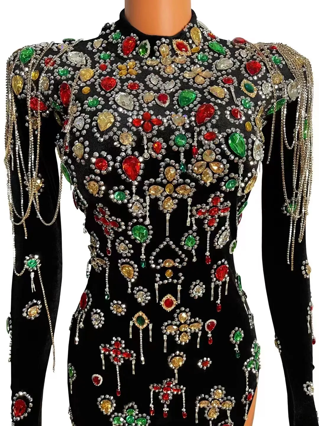 

Multi-color Crystal Rhinestones Chain VelvetShort Dress Evening Party Birthday DressSexy Performance Show Costume Stage Wear