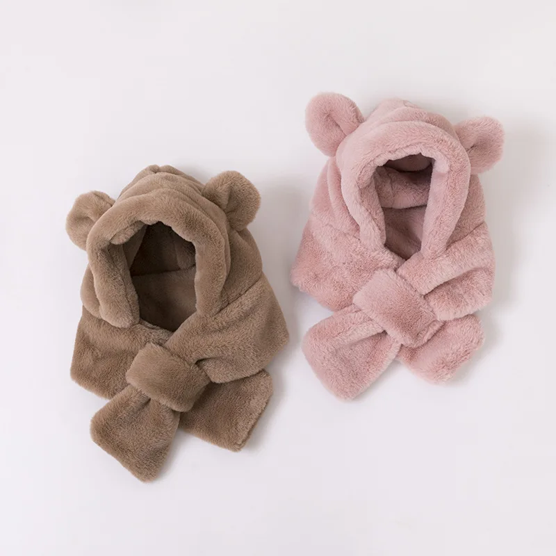 

New Bear Winter Warm Ear Protection Simple Boys and Girls Scarf One-Piece Plush Bonnet Baby Hat