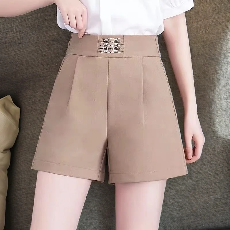 2024 Summer Women's New Spliced Elasticized High-waisted Pocket Folds Fashion Elegant Solid Color Slim All-match Casual Shorts