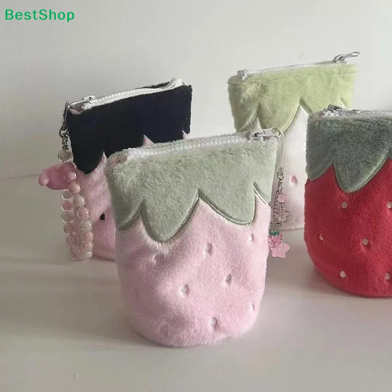 ❄Cute Strawberry Plush Pencil Case,Soft Fluffy Zipper Pouch for Stationery,Cosmetics & Small Items