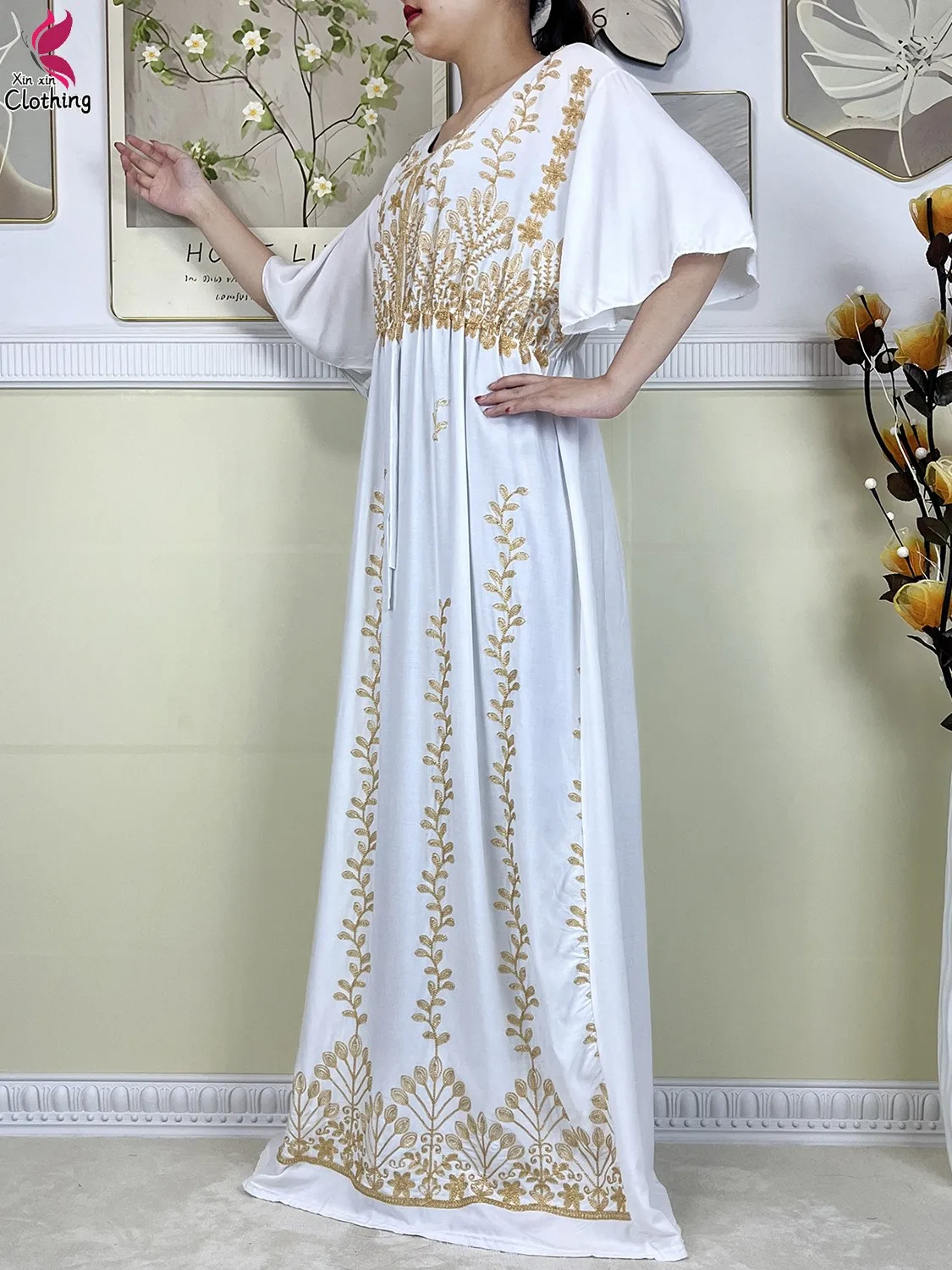 New Muslim Summer Abaya For Women African Islamic Embroidery Dress Short Sleeve Collect Waist Cotton Dubai Evening Party Dress