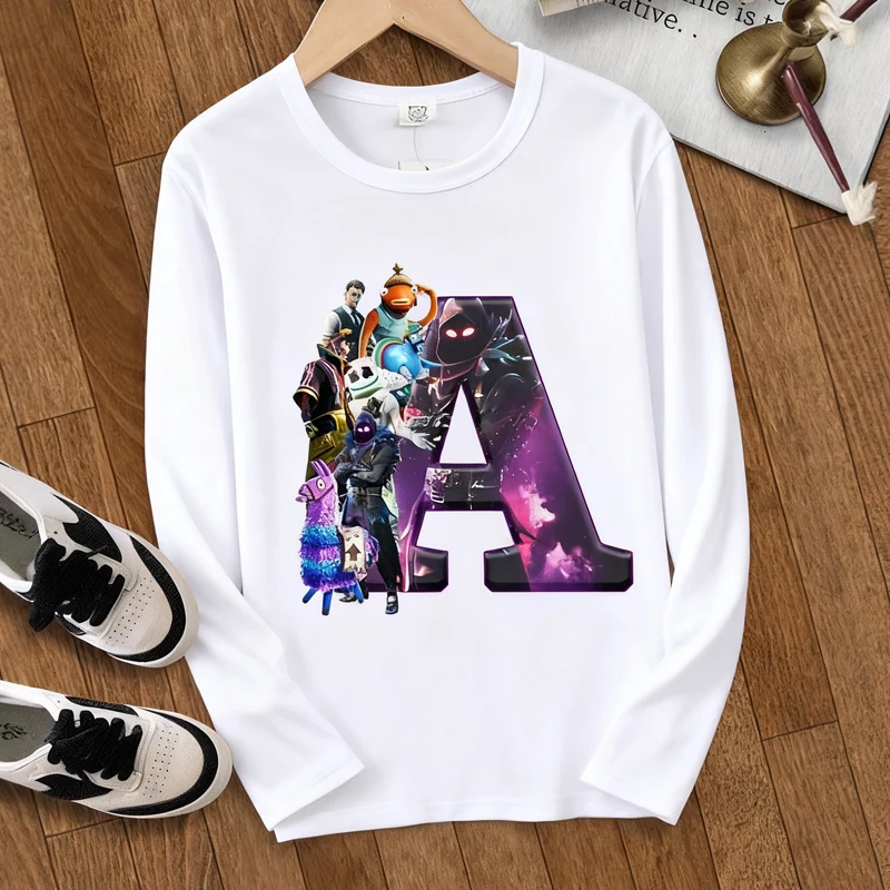 تي شيرت Fortnite للأطفال بأكمام طويلة تي شيرت كارتوني قلعة ليلية مطبوعة بحروف تي شيرت ربيعي على الموضة ملابس أطفال قميص داخلي