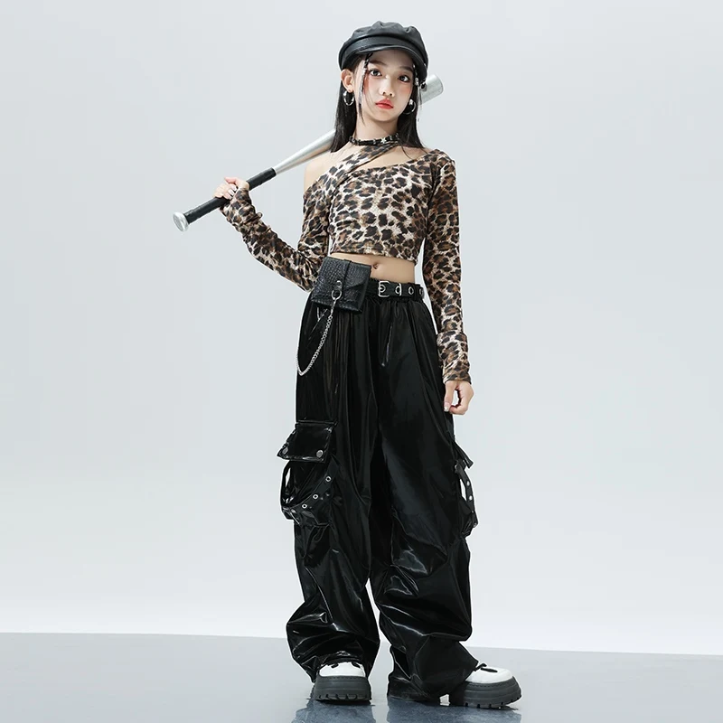 Jazz Dance Leopard Print Top Cargo Pants Children's Street Dance Outfit Hip-hop Suit Clothes Catwalk Show Costumes DQL9814 image 3