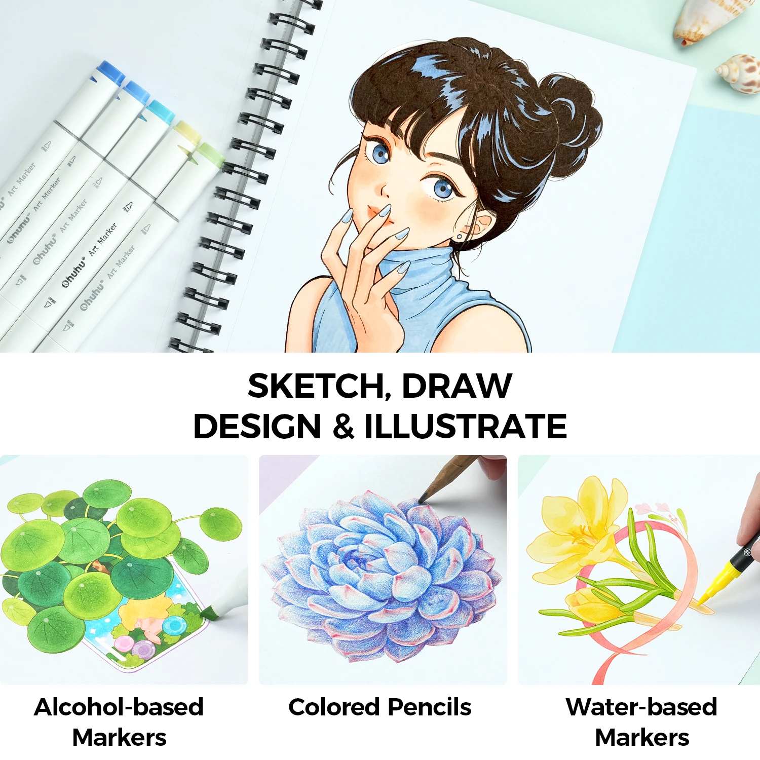 Ohuhu Double Sided Marker Pads Art Sketchbook Bleedproof Spiral Bound Sketching Book for Alcohol Markers Drawing Notebook School