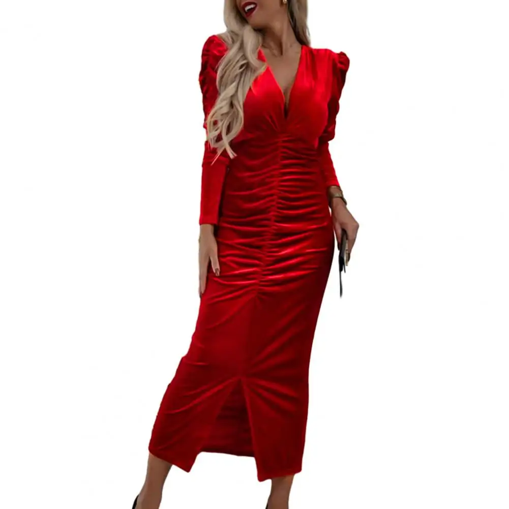 Kleid tiefer V-Ausschnitt plissiert geteilter Saum weiche Langarm Bubble Sleeve Slim Fit Scheide knöchel lange Abschluss ball Party kleider für Frauen