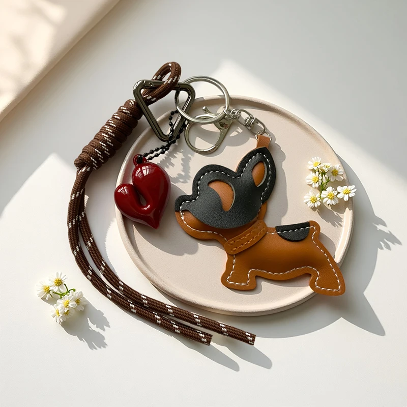 Adorable PU Leather French Bulldog Keychain Pendant Cute Puppy Bag Charm Backpack Hanging Car Keyring Gifts Accessories
