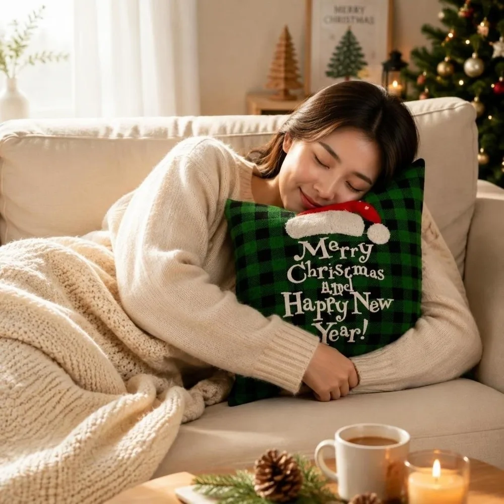 Festive Soft Christmas Pillow Covers Deer 2D Printed Throw Cushion Case Plaid Square Snowman Pillow Cover Sofa Decor