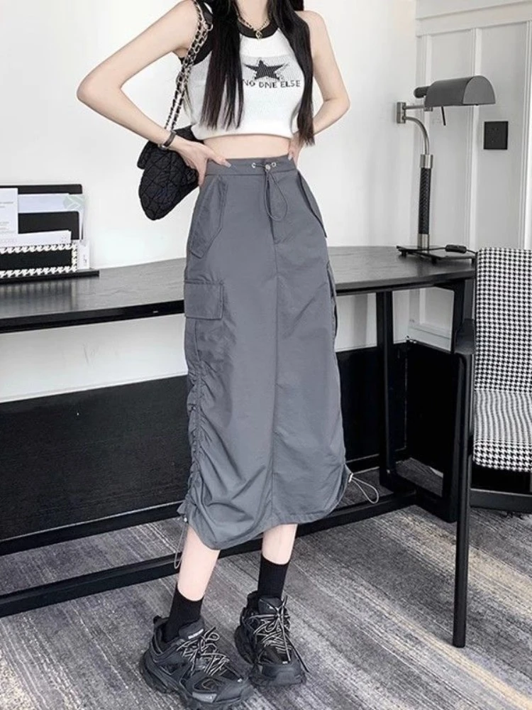 

HOUZHOU Korean Fashion Vintage Cargo Skirts Women Summer Streetwear High Wasit Shirring Gray Y2k Skirt Ruched Harajuku Casual