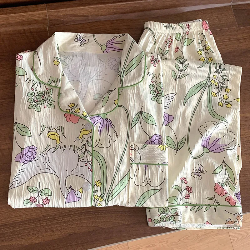 Small Fresh Plant Flowers Spring And Autumn Long Sleeved Pants Nightwear Women's Wrinkled Fabric Casual Home Clothes Set