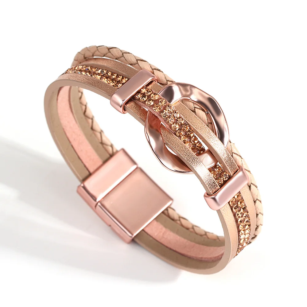 ALLYES Fashion Geometric Circle Bracelet for Women Elegant Multilayer Crystal Chain Braided Wrap Leather Bracelets Jewelry Gift