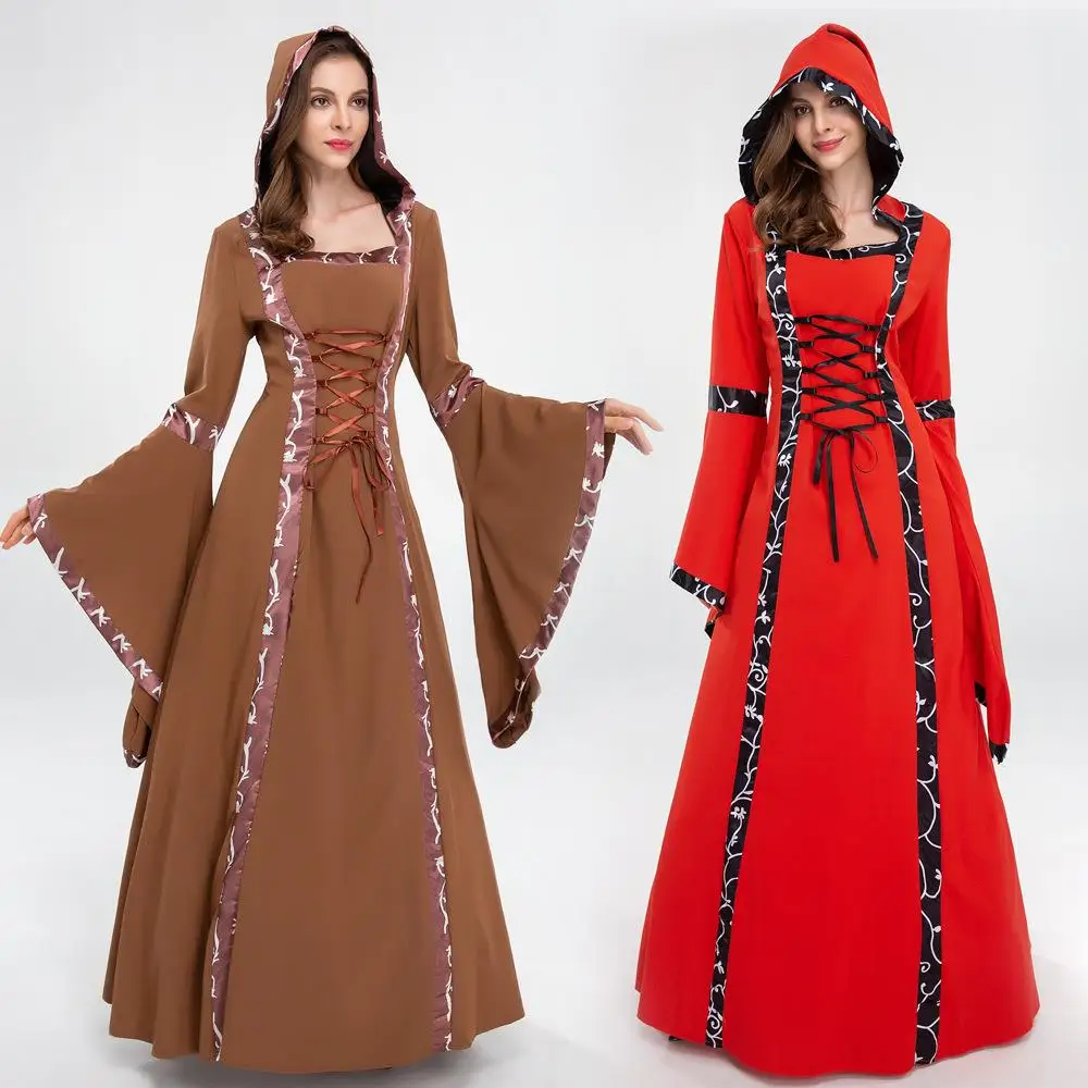 

loween Medieval Retro Hooded Dr Square Collar Belted Waist Bell Sve Court Performance Gift Women's Traditional Costume
