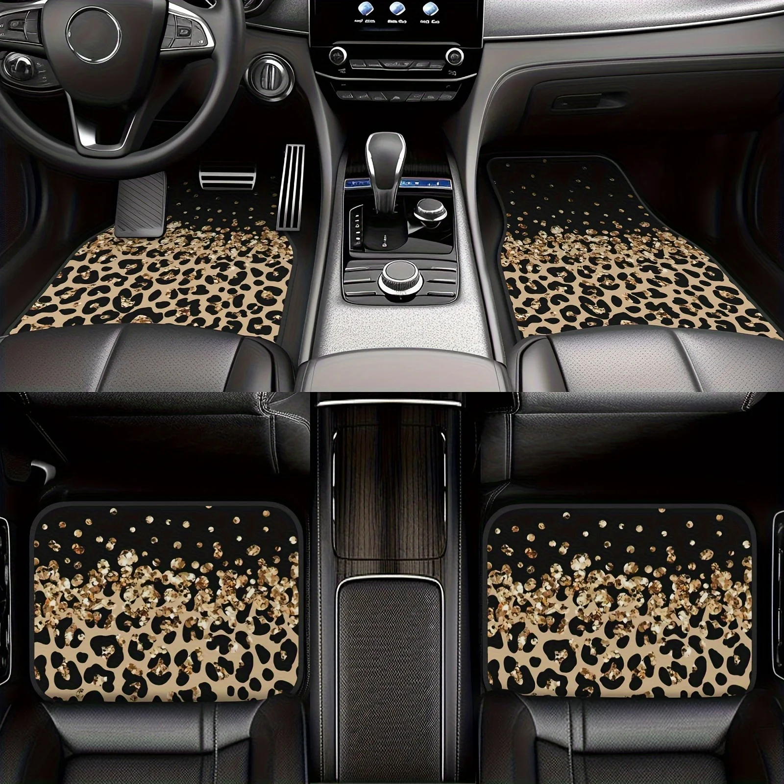 Set Of 4 Stylish Car Floor Mats With Leopard Print Design (Made Of Crystal Velvet, Interior Car Additions, Complete Coverage)