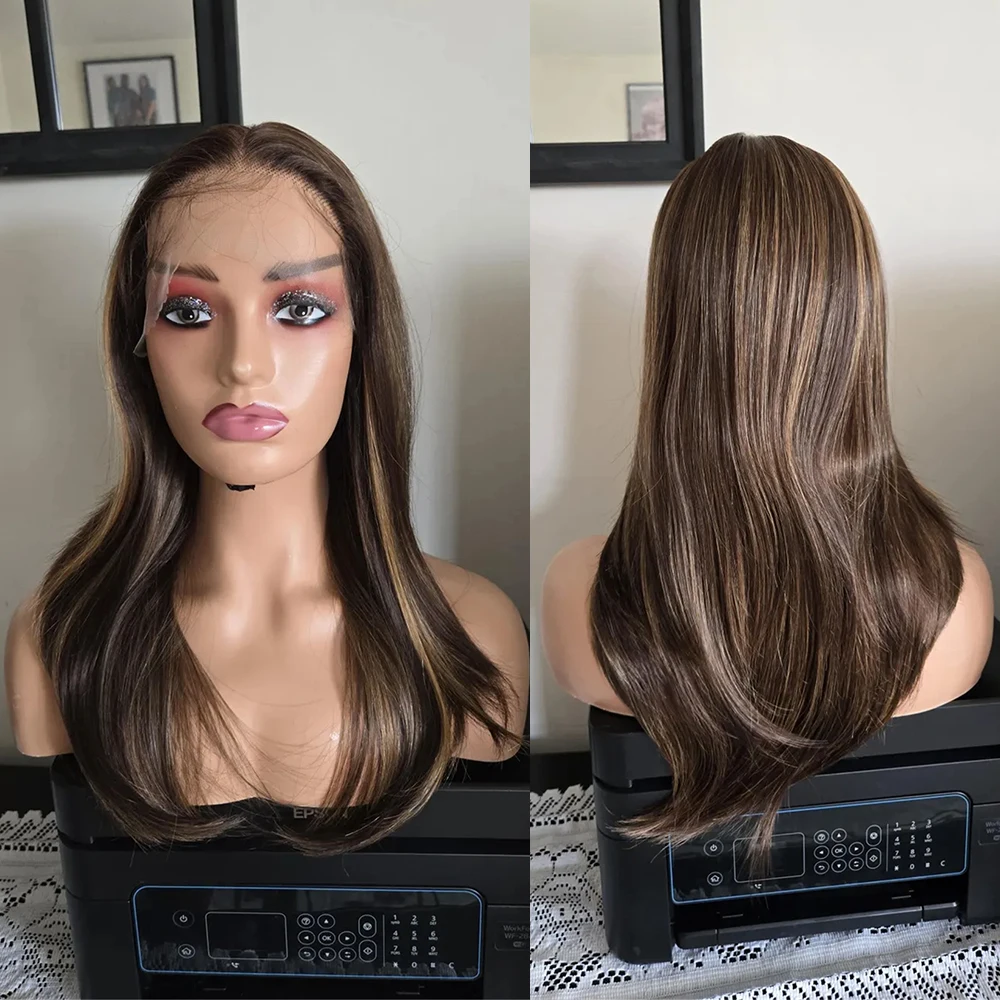 20 Inch Honey Blonde Highlight Wig Synthetic Lace Front Wig Natural Straight Hair Women Gift Wig Pre Plucked Hairline Wear&Go