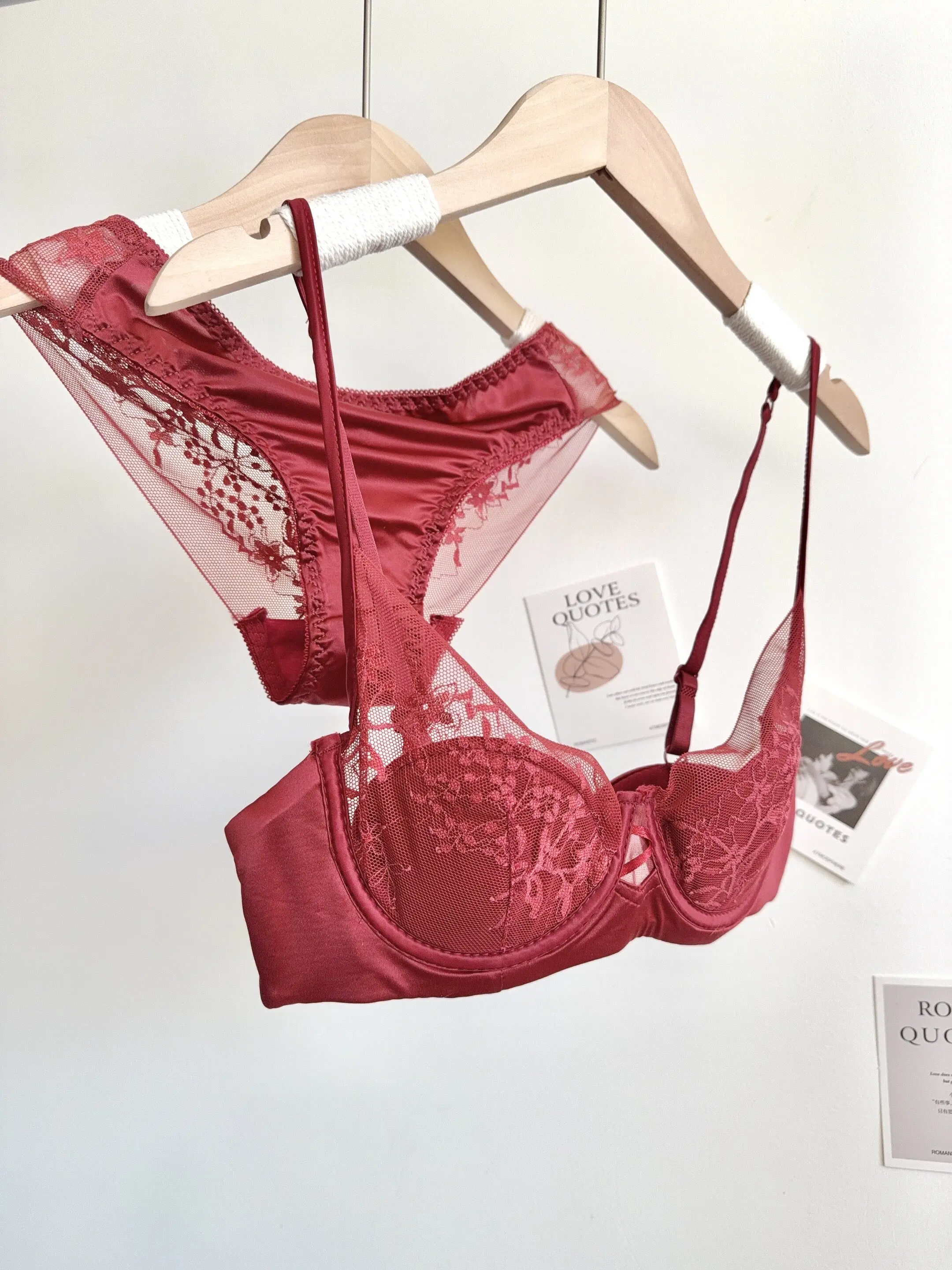 Conjunto de Lencería de Encaje Cómodo para Mujer, Sujetador con Aros Suaves, Copa Delgada, Push-Up, Transpirable, Ropa Interior para Mujeres con Busto Pequeño
