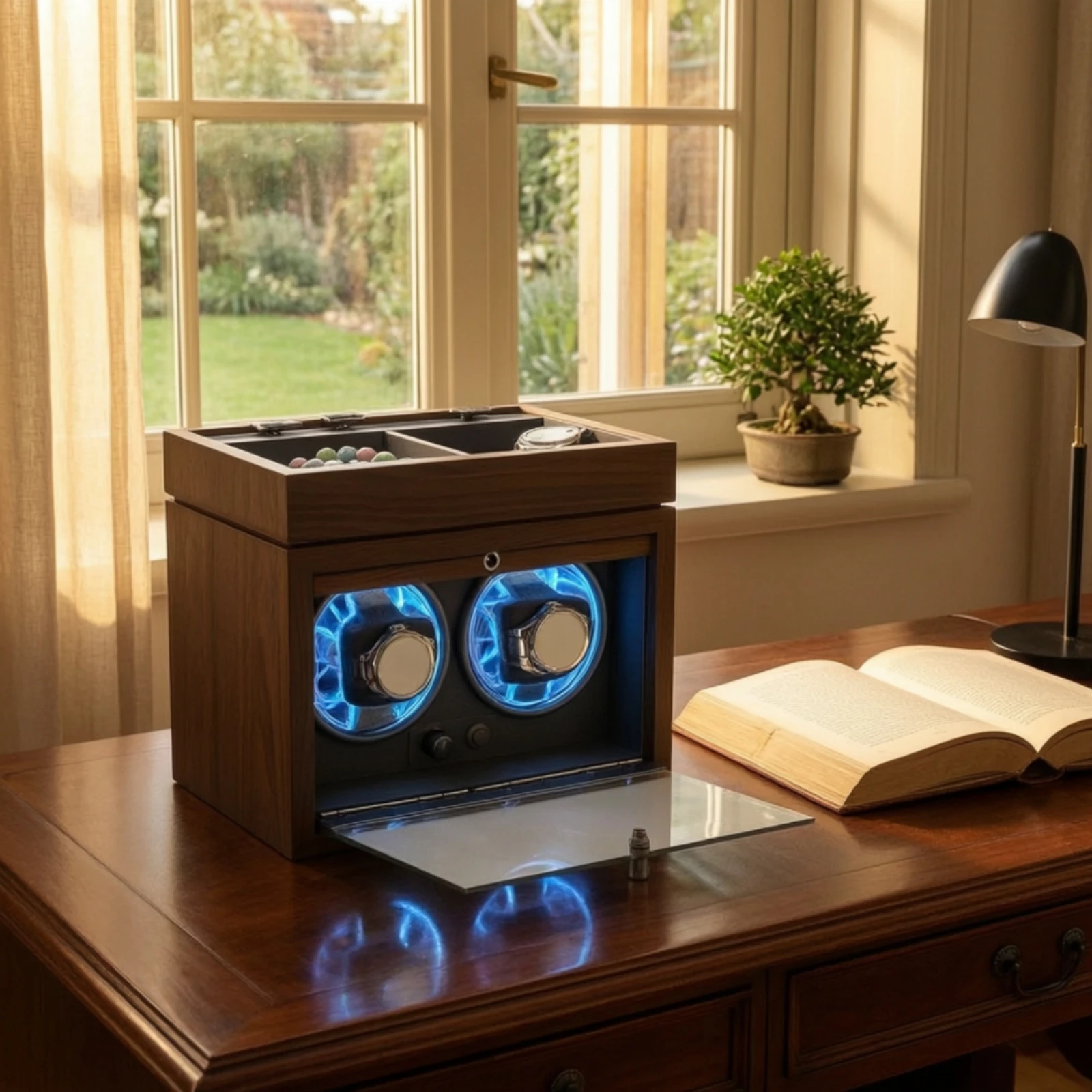 Watch Winder with Storage Tray Compact Automatic Watch Winder Box Quiet Carbon Fiber for Men, Dresser, Nightstand
