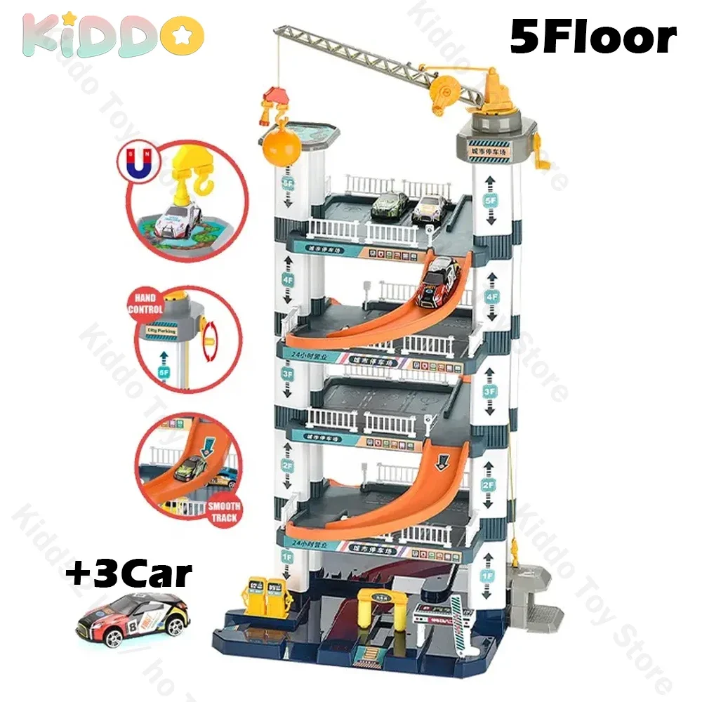 Kids Rail Track Parking Building 5 Floor Car Toy Hand-Cranked Racing Car Train Track Assembly Adventure Table Game Toy Kids Gift