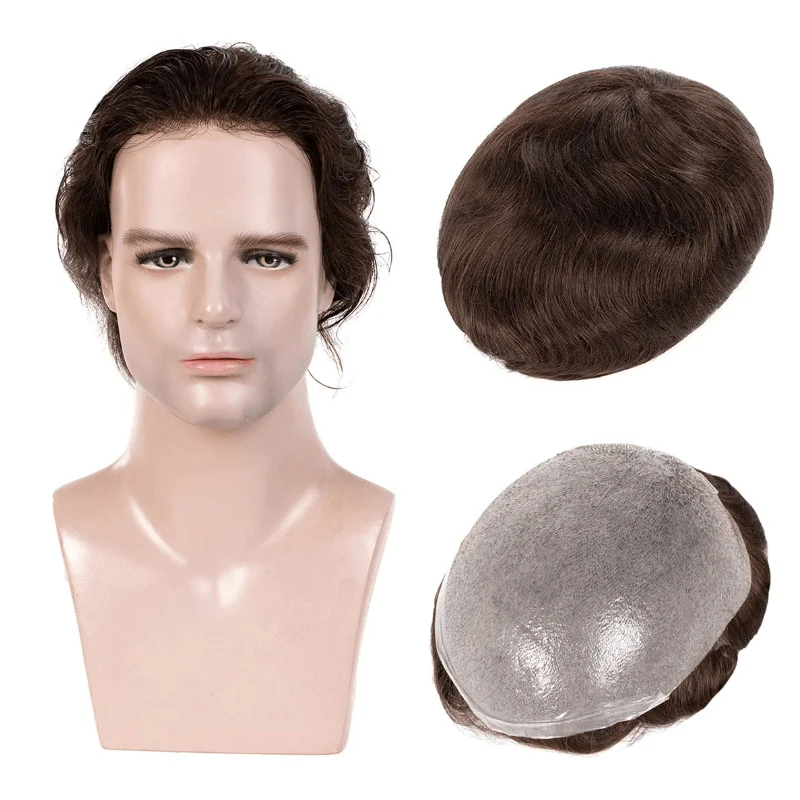 얇은 피부 천연 모발 Toupee 남성용 100% 가발 교체 시스템, 모세관 보형물, 남성 가발, 0.03mm