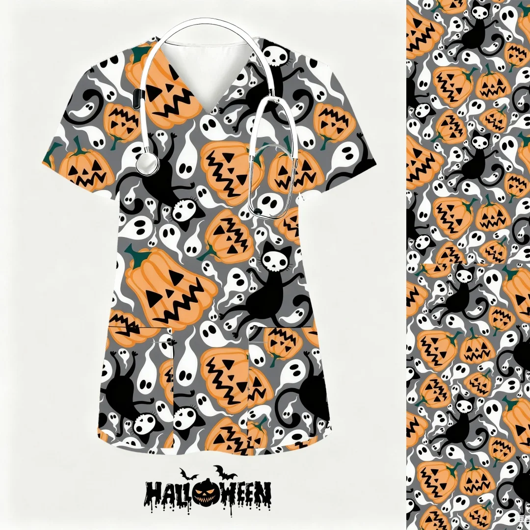 Halloween Printed Scrub Tops Women Pet Clinic Work Surgical Uniforms Woman Nurse Uniform Uniformes Quirúrgicos Mujer 2025 New