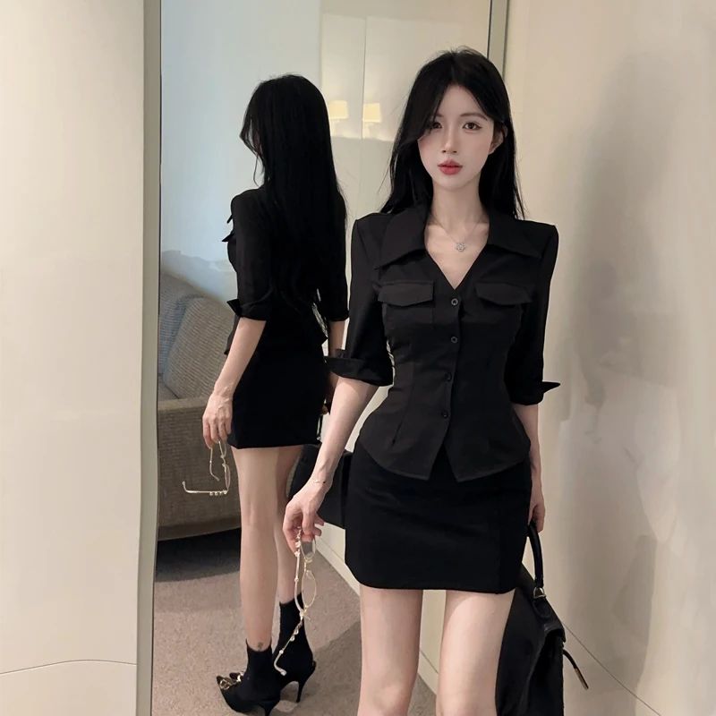 Black V-neck Mid-sleeve Shirt And Wraparound Skirt Two-piece Set Slimming Waist Effect Superior Sensation Sexy Chic Style