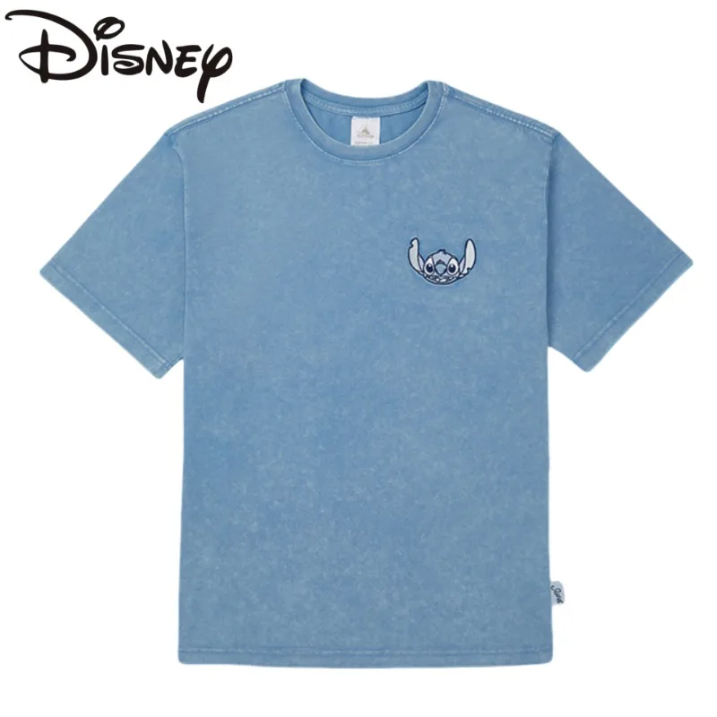 

Disney Sports Short Sleeve Top Cartoon Stitch Cotton T-Shirt Round Neck Imitation Denim Retro Style Exquisite Embroidery