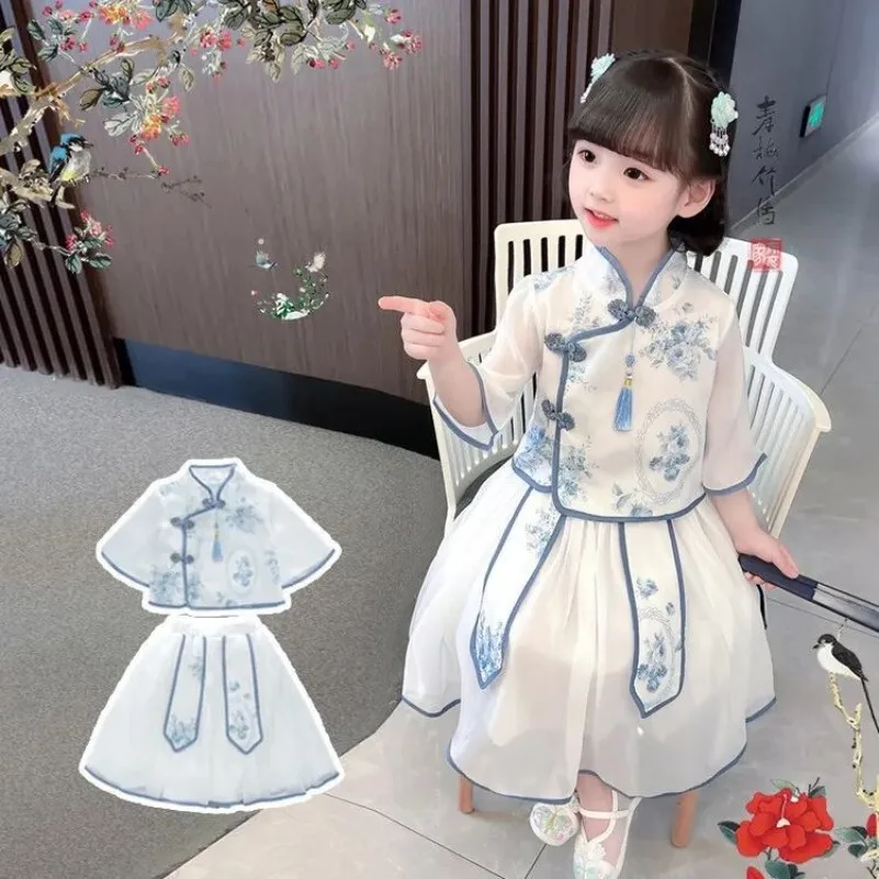 Ancient Style Hanfu Set Summer Chinese Style Little Girl Ancient Costume Children's Blue and White Porcelain Tang Costume Suit