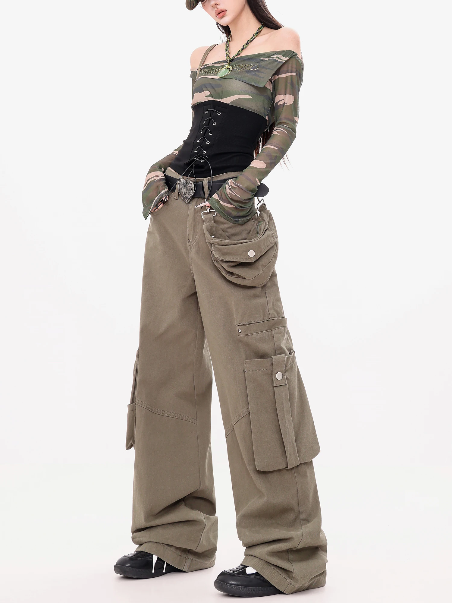 

ABWEAR Jazz Pioneer Original American Retro Multi-ket Work Pants Women Loose Straight Leg Jeans Autumn Fashion Ladies