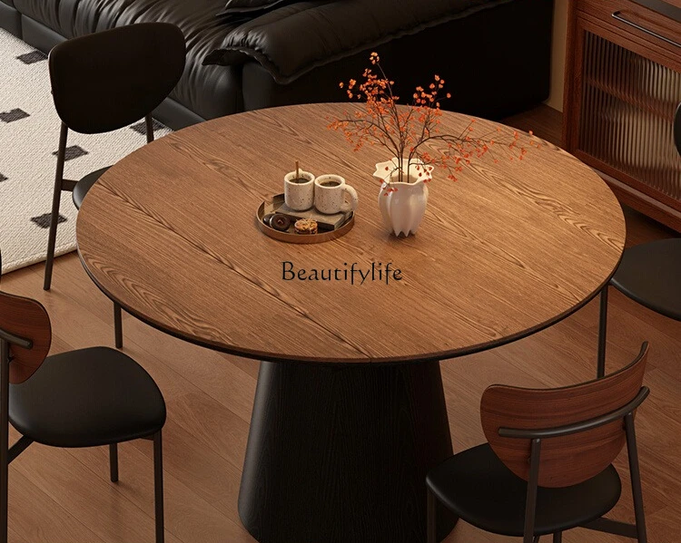 

4*Medieval solid wood dining table variable round table wood grain French retro rock slab telescopic home
