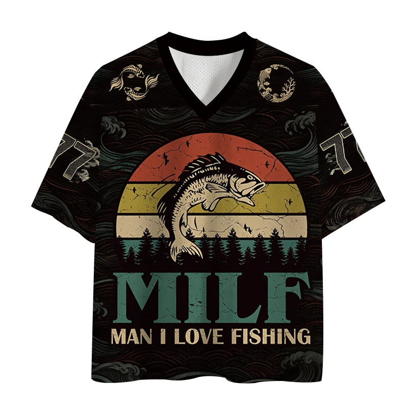 Men I Love Fishing Jerseys Retro Sunset Bass Fish PrintBlack Mesh V-neck T-shirt Adult and Children's Fun Fishing StreetwearTops