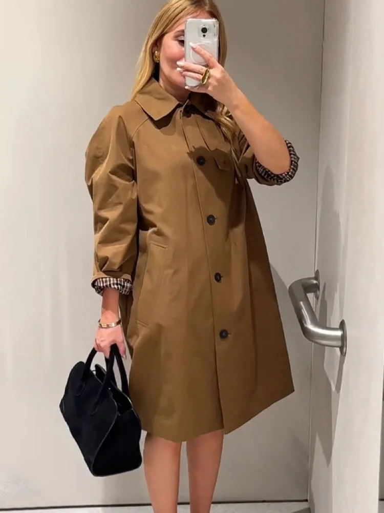 

HH Women Fashion Lapel Single-Breasted Side Pocket Design Slim Overcoat Female Autumn Solid Casual Loose Street Style Coat