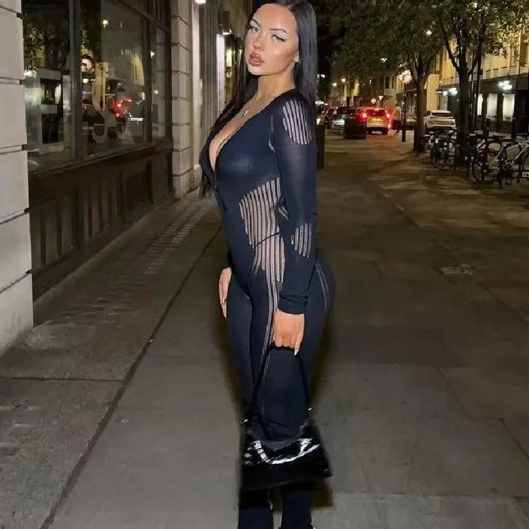 

Faionable Sexy Knitted Jumpsuit Long Sve Tight Fit Women's High Waist Long Pants Lycra Fabric All-Match Sle