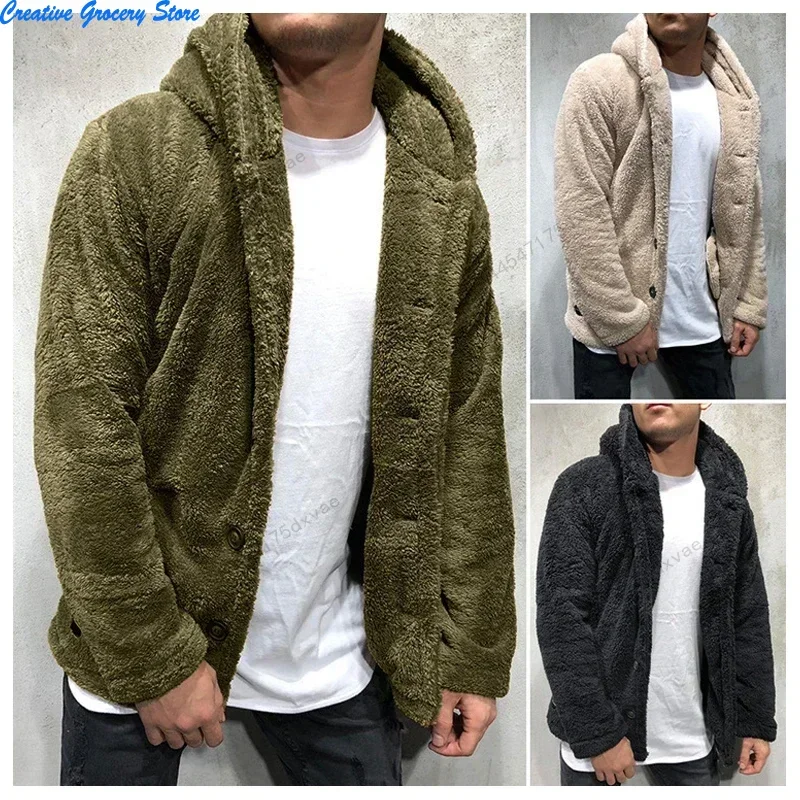 Men's Teddy Bear Fleece Coat Cardigan Winter Warm Hooded Coat Fashion Solid Color Long Sleeve Pocket Button Hooded Warm Coat