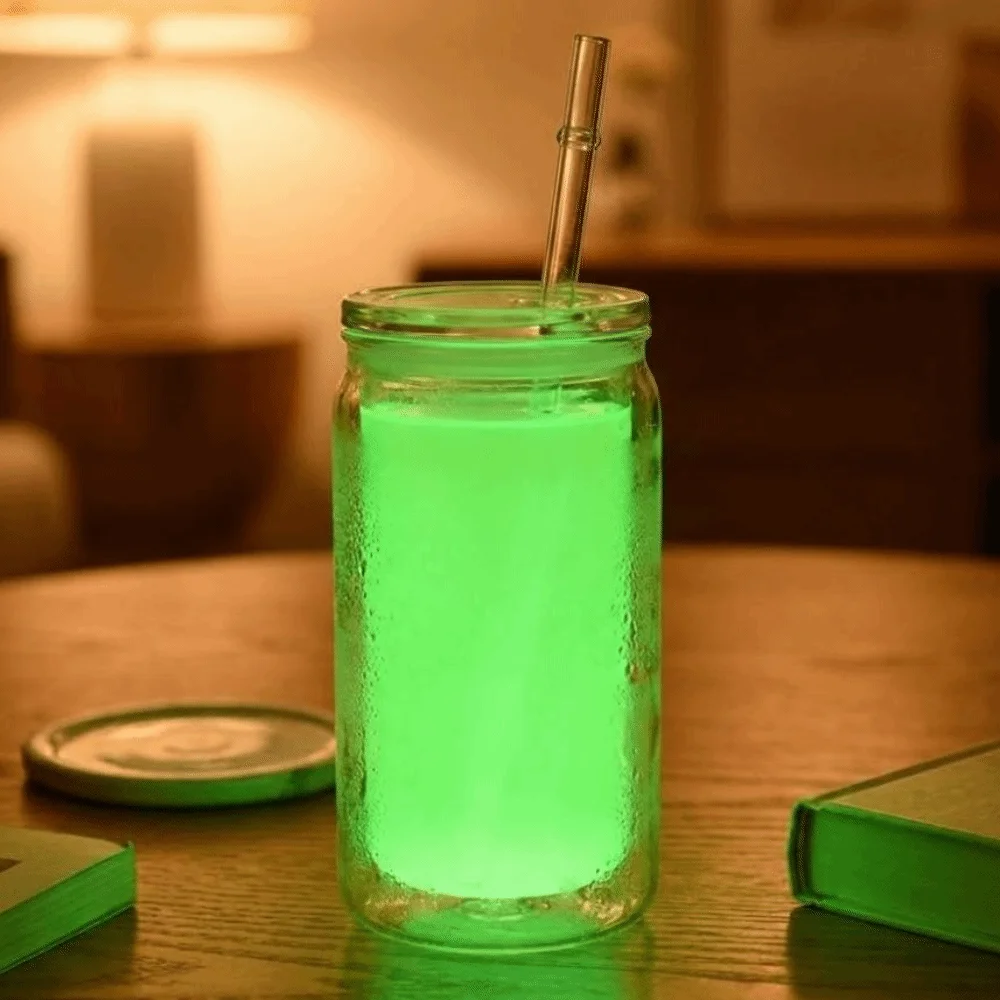 16oz Capacity Glow in The Dark Straw Cup Fluorescent Double Wall Clear Plastic Tumbler Leak-proof Break-Resistant