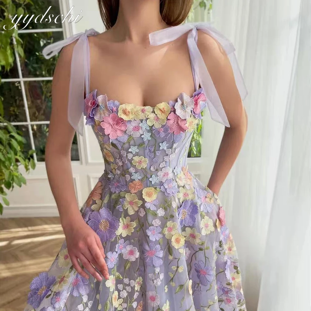 

Customized Elegant Flower Evening Dresses For Women 2025 Beach Spaghetti Straps Prom Dresses Bow Appliques Cocktail Party Dress