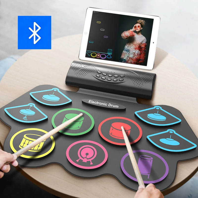 Portable Electronic Drum Silicone Hand Roll Electric Drum Beginners Practice Playing Jazz Drums DTX Game Drums with Bluetooth