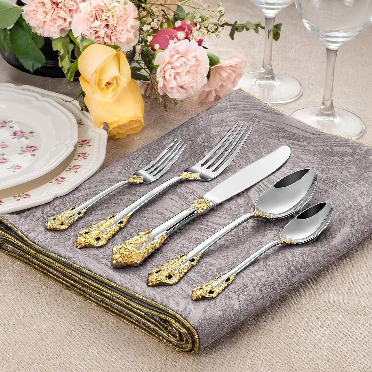 Luxury 65 Pieces 18/10 Stainless Steel Flatware set, Service for 12, silver plated with gold accents, Fine Silverware set